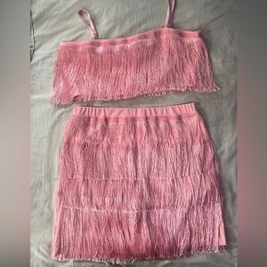 Pink Fringe 2 Piece Skirt Set